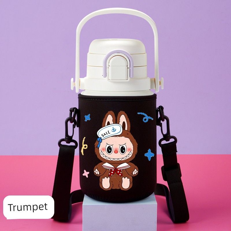 Hals 750 950ml Large-Capacity Thermos Cup Cartoon Cup Cover Cross-Body Anti-Fall Anti-Scalding Water Bottle Protective Cover Black-Nautical Bunny-Small