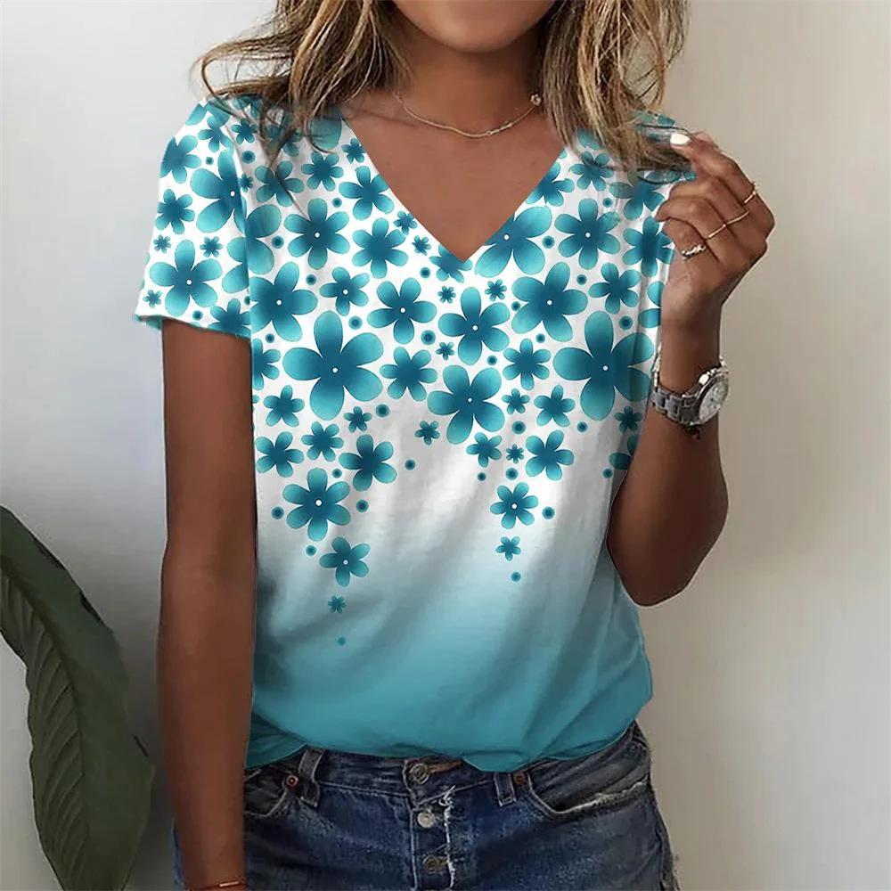 Fashion Floral Pattern 3D Digital Printing Women's Comfortable V-neck Short Sleeved T-shirt