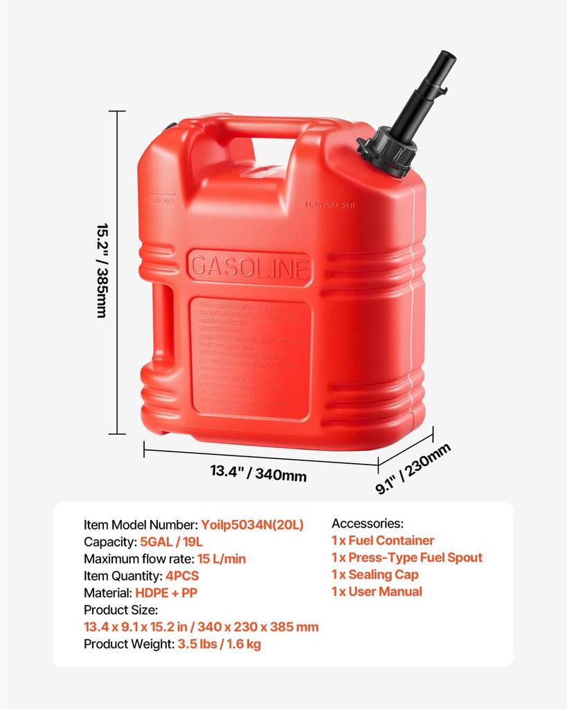 Fuel Container, 19 L, Gas Tank with Spout & Clear Scale, 15 L/min Max Flow Rate, Secure & Leak-proof, Portable Flat Fluid Container for Most Cars