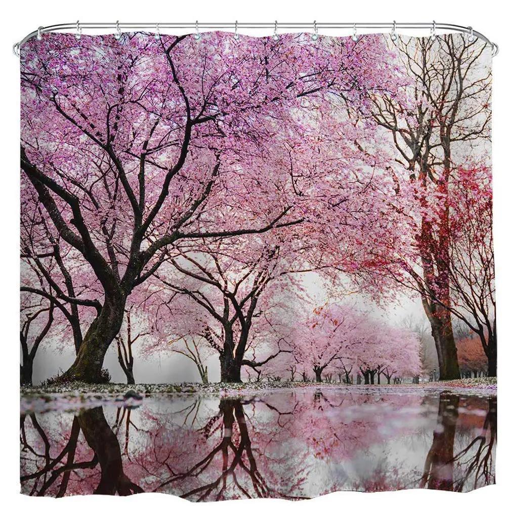 Charming Oriental Blossom Shower Curtain Set - Vibrant Cherry Blossom Designs for Elegant Bathroom Décor, Waterproof & Easy Care