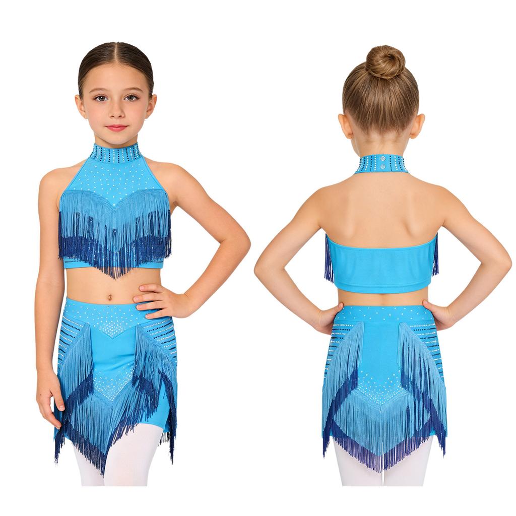 Eye-Catching Latin Dance Top with Skirt for Girls: Halter Neck Rhinestone Tassel Crop Top & Attached Briefs Skirt for Recital