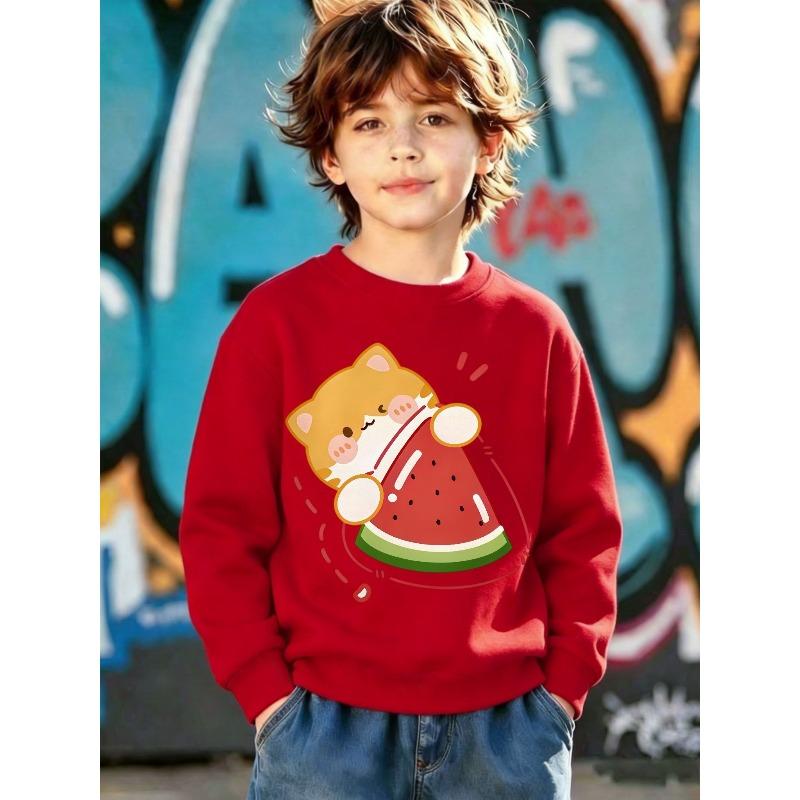 Cotton Kids Sweatshirt Loose-Fit Crew Neck Sweatshirt with Orange Cat & Watermelon Print , Spring/Autumn Casual Attire, Machine Washable