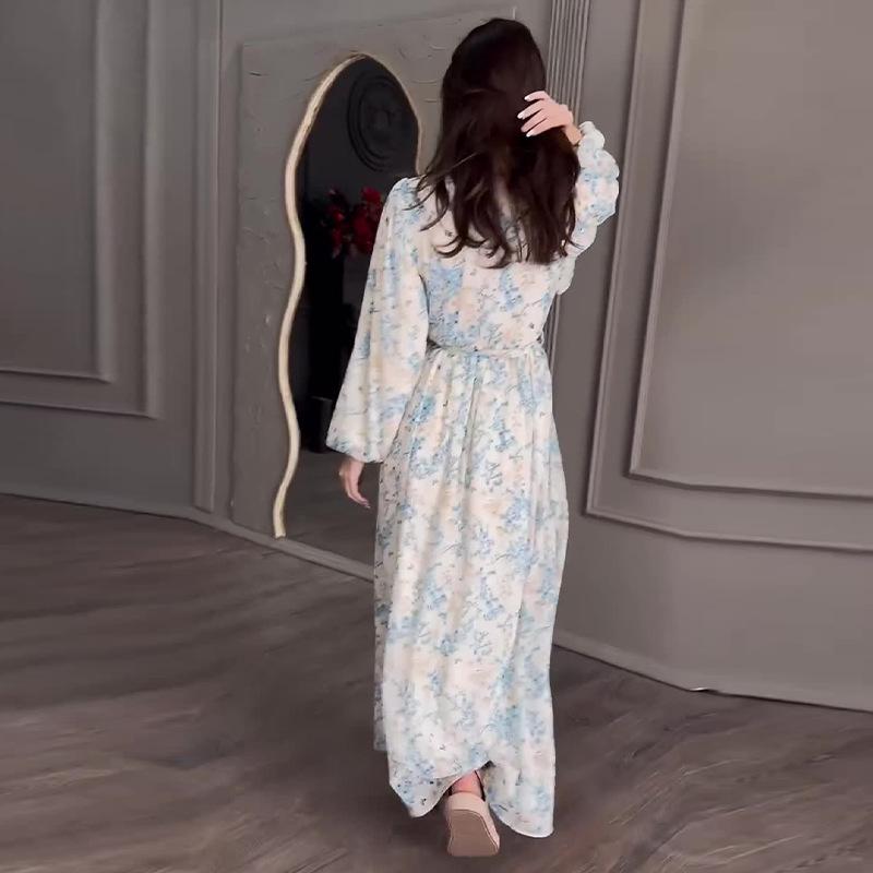 2024 Autumn European & American Gentle Lace-up Waist Slimming Floral Maxi Dress