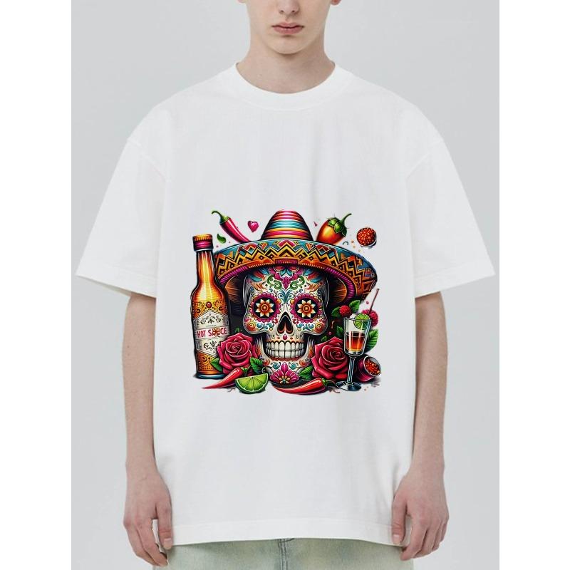 Mexikanischer Tag der Toten Schädel T-Shirt Schwarz Bunter Zuckerschädel mit Sombrero Rosen Chilischoten Tequilaflasche und Cocktail-Aufdruck für Party Festival