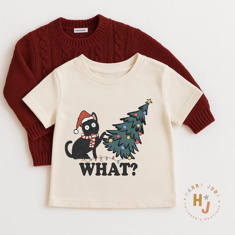 Funny Christmas Toddler Shirt, Black Cat Holiday Kids Tee, Cute Christmas Outfit for Boy or Girl, Retro Christmas Tree Sweater, Festive Tee 140