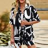 2 pezzi/set camicia da donna pantaloncini set colore abbinato stampa bavero sciolto monopetto manica corta coulisse vita elastica casual top pantaloncini set