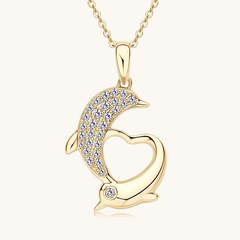 Silvere Glam Border Fashion 10k Genuine Gold Moissanite Dolphin Pendant, Niche Style Collarbone Chain, High-end Design Necklace