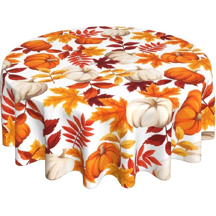 Fall Round Tablecloth 60 Inch Thanksgiving Harvest Autumn Pumpkin Fallen Leaves Maple Leaf Print Decorative Table Cloth Holiday Decorations Seasonal