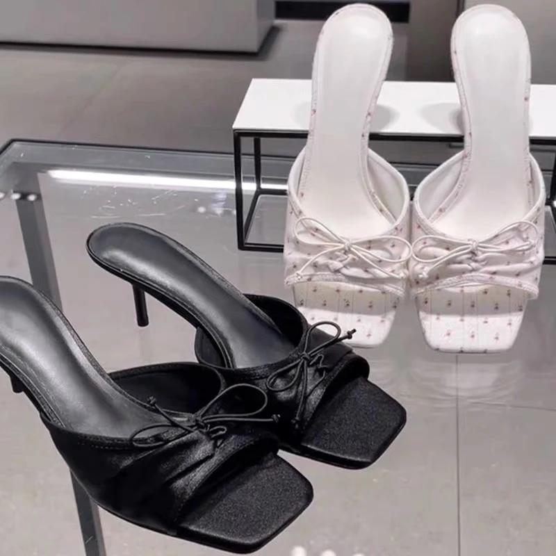 Fashion High Heels Women Slippers Bow Sexy Fashion Shoes Elegant Heeled Sandals Summer 2025 Pumps Luxury Brands Dress Sandalias De Mujer