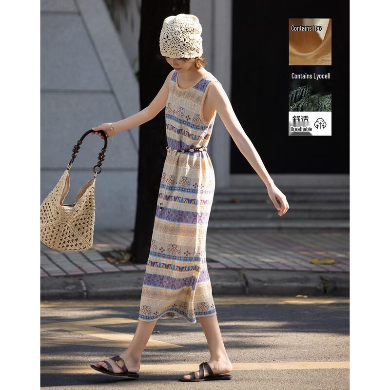 Demana Women s Chinese Style Jacquard Linen Lyocell Sleeveless Dress L