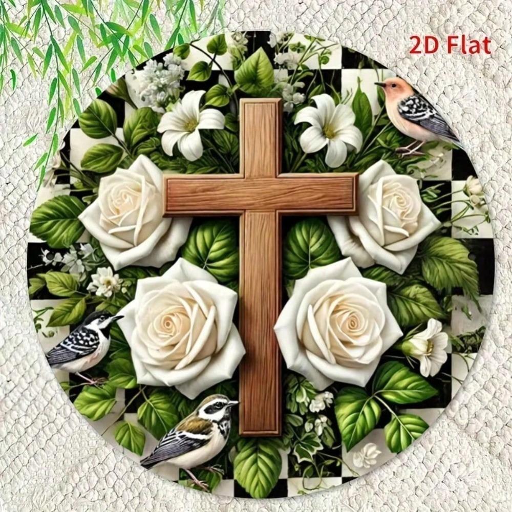 Metal Sign Jesus Saves 8 Inch Round Wall Art White Roses Wood Cross Religious Home Decor