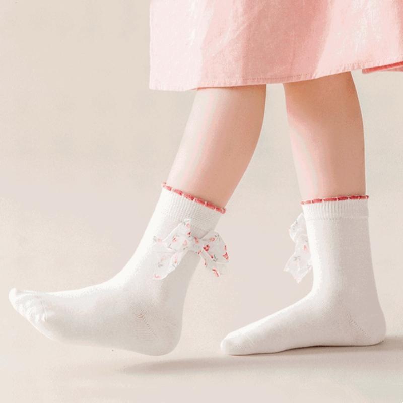 3Pairs/Set Kids Girls Socks Sweet Lace Bowknot Ruffle Socks Stripe Print  Socks Breathable Socks Autumn Spring