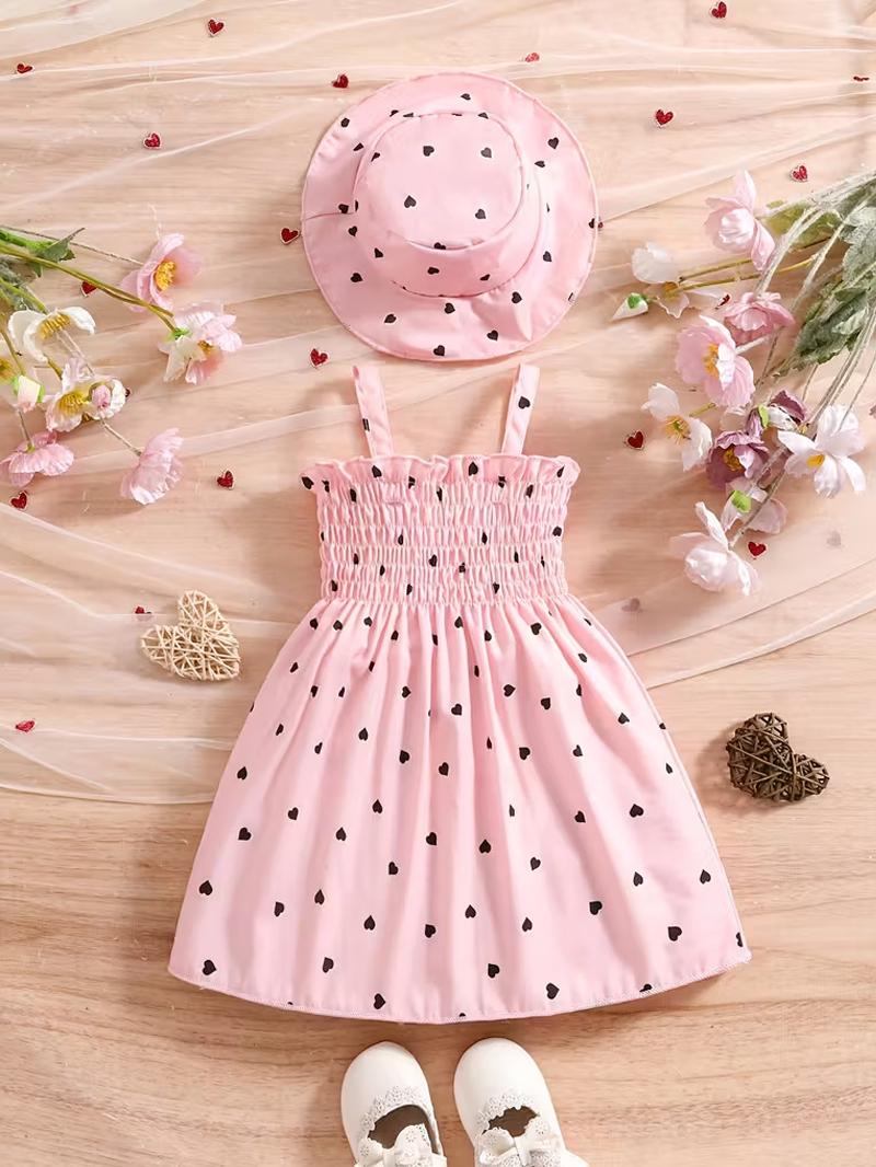 

2Pcs Girls Summer Dress Set 0-3 Years Sleeveless Heart Print Camisole Dress with Hat Baby Princess Outfit Cute Toddler 12-18M рожевий