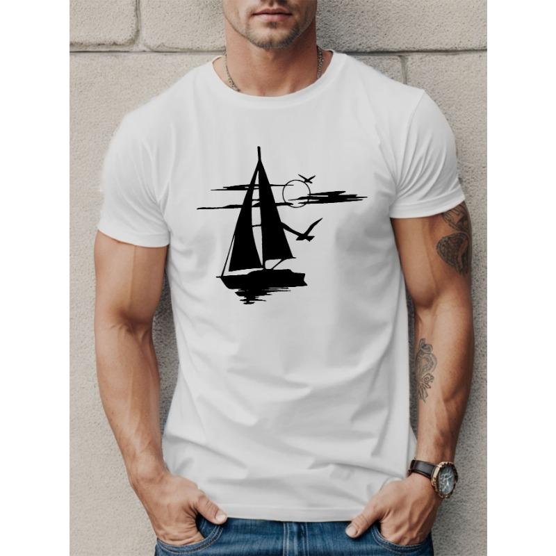 

European sizes Men s Casual Crew Neck T-Shirt with Sailboat Graphic, Knit Fabric, Geometric-Pattern, Lightweight Summer Top with Slight Stretch 4XL білий