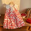 Girls Summer Sleeveless Dress Cherry Blossom Collar Lantern Skirt Sweet Cute Princess Dress For Kids