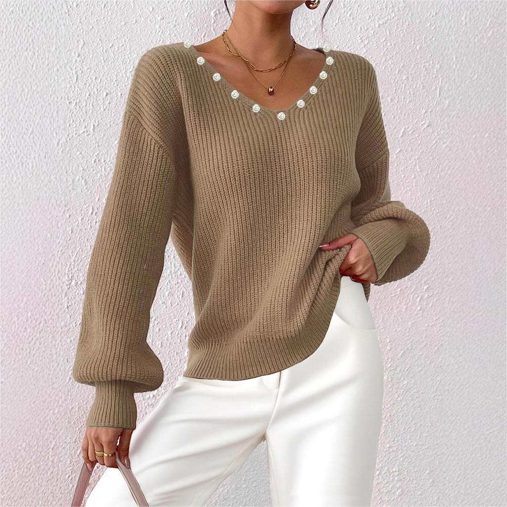 Women's Autumn and Winter New Loose and Laid-back Style Sweater with Beaded Pearl V-neck Casual Pullover