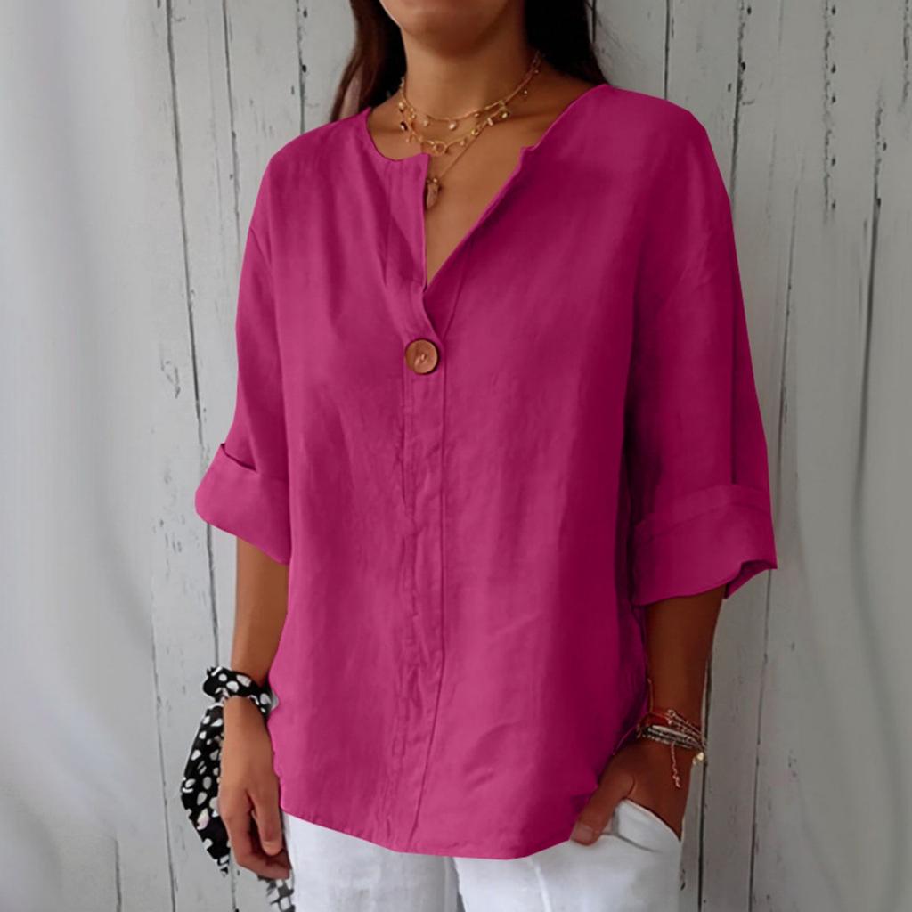 Women's Fashion Casual V-Neck Buttoned 3/4 Sleeve Cotton Linen Top