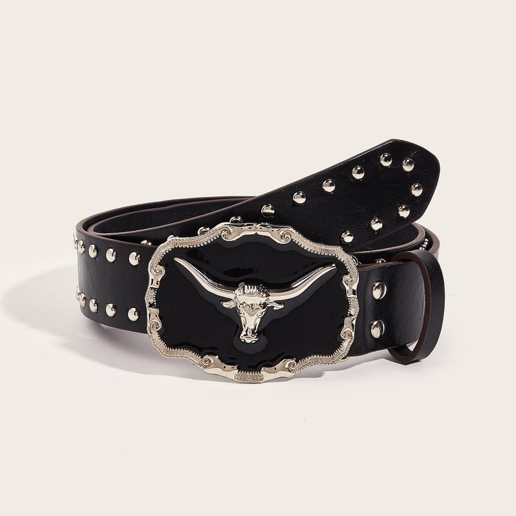 Waist Belt Engraved Buckle for Cowboy Cowgirl with Longhorn Vintage Belt Hot Girl WaistChain Studded Sexy Oversize Belt