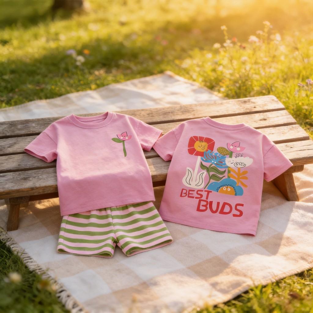 Set Estivo Due Pezzi in Cotone per Bambina con Stampe Cartoni Animati per Bambini dai 3 agli 8 Anni