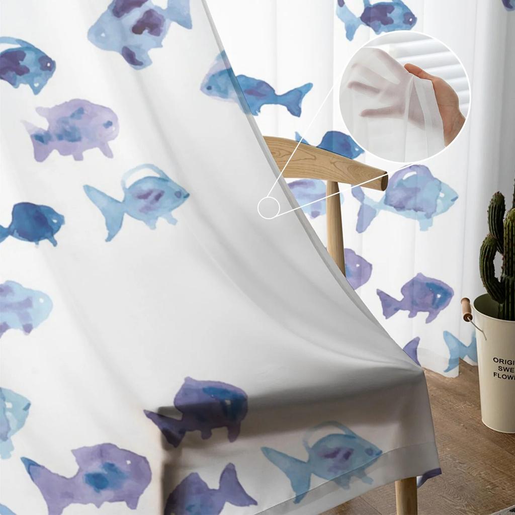 Transparente Fenstervorhänge mit lila Fisch-Aquarellmalerei für Wohnzimmer, Schlafzimmer, Mädchenzimmer, Dekoration, Tüllvorhänge