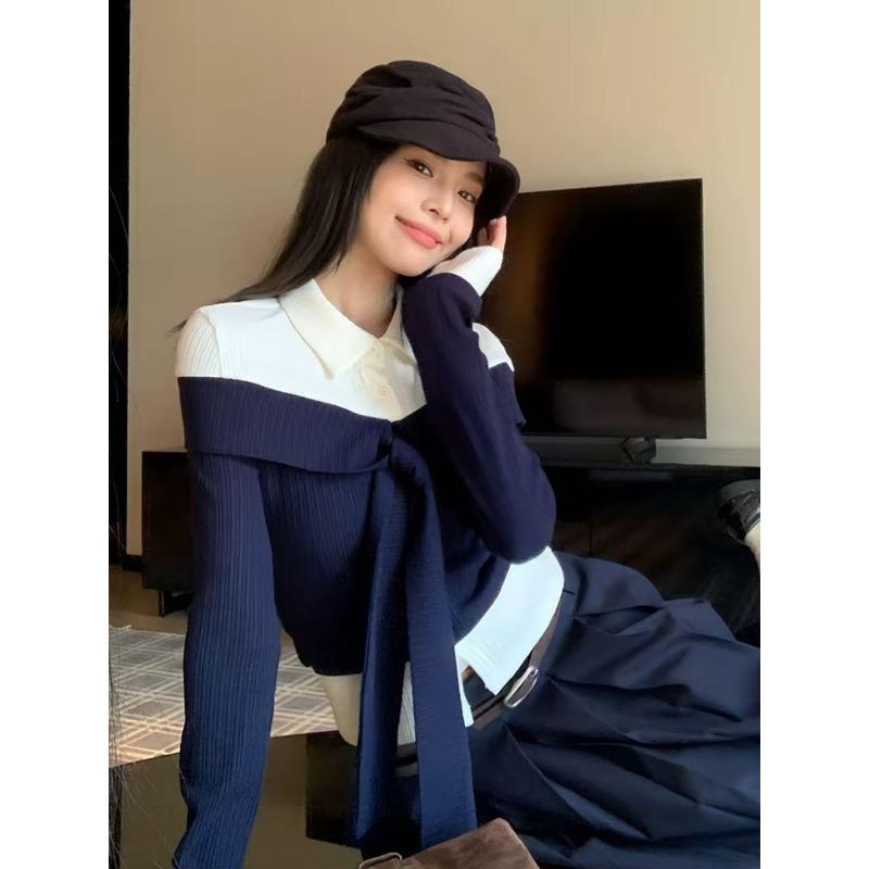 

Осень Новинка Корейский стиль Нишевая футболка с длинным рукавом из двух частей темно-синяя с белыми лямками Фактурные топы для женщин S темно-синий