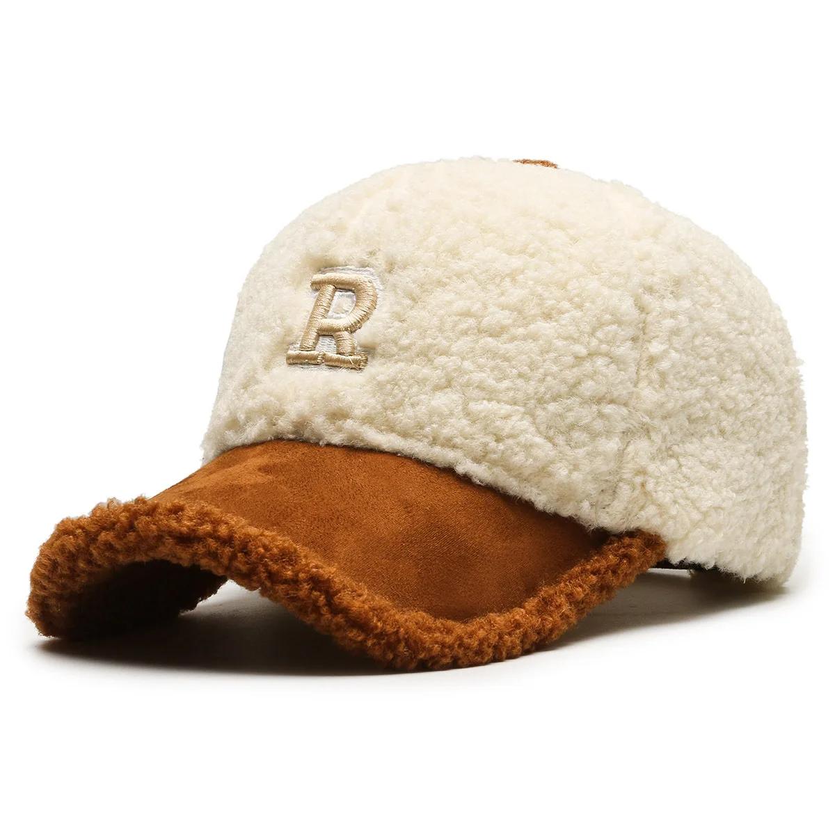 

2024 Trendy Big Letter Embroidery Men Winter Hats White Brown Lambswool Baseball Cap for Women Warm Plush Trucker Hats Gorras 56-60cm