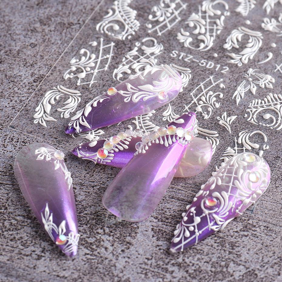 5D White Embossed Flower Nail Art Sticker Decal Nail Decoraiton