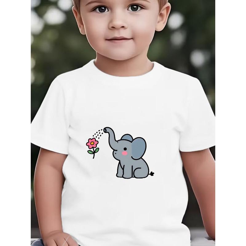 Boys Crewneck Short Sleeve Tee, Cute Cartoon Elephant With Pink Floral Dots Print 110 белый