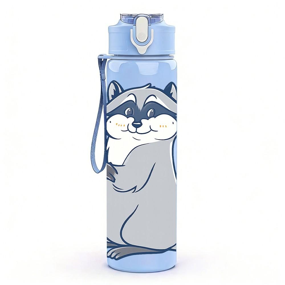 1PC Cute Snack Raccoon Cartoon 750ml Color Plastic Sports Water Bottle Leakproof Flip Straw Lid Suitable for Sports Office Home Use