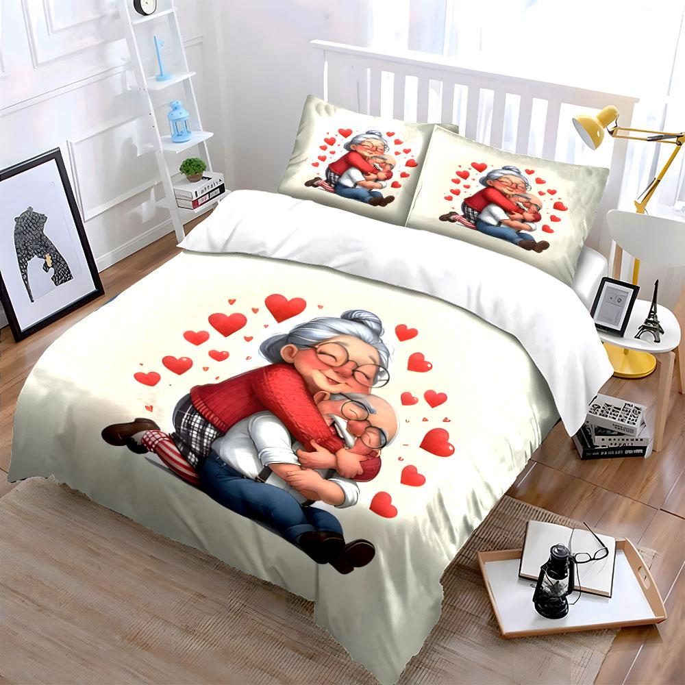 Cute Cartoon Elderly Couple Hug Red Heart Bedding SetSweet Old Grandma Grandpa Love Print 1 Duvet Cover + 2 Pillowcase gift
