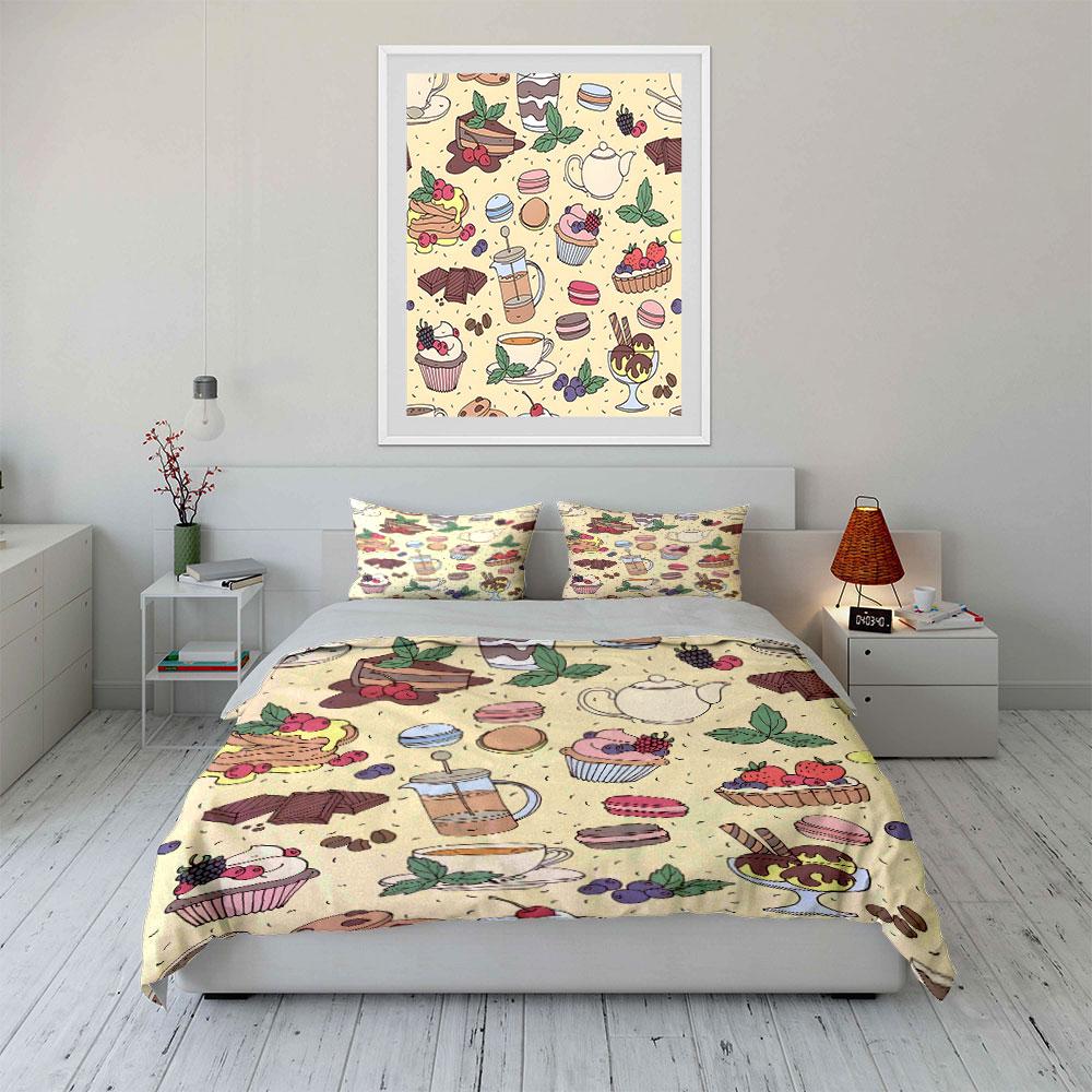 Desserts and Beverages Pattern Bedding Duvet Cover Set (1*Duvet Cover 2*Pillowcases, Without Duvet Insert)