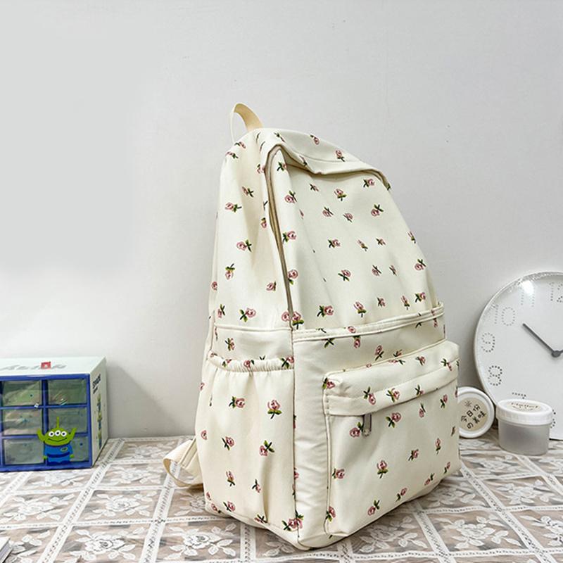 Blomstertrykk Nylon Søt ensfarget ryggsekker for kvinner Mote Årsak All Match Stor kapasitet Vanntett skulderveske Mochila