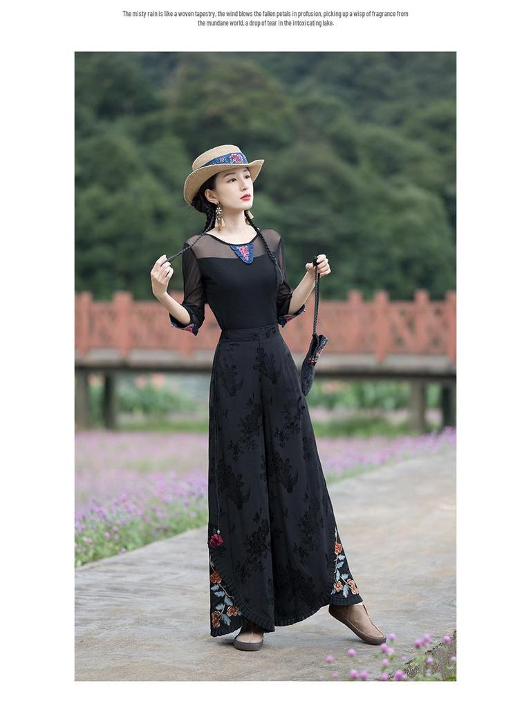 Women's Ethnic Style Wide-Leg Pants: Draped, Embroidered Waist, Retro Casual Design