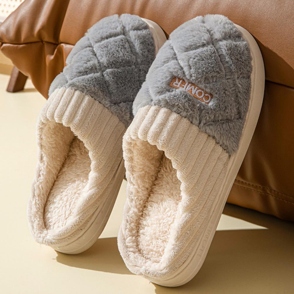 Cotton Slippers Women Autumn Winter Home Thick Sole Non-Slip Plush Fuzzy Indoor Warm Couple Men House Slippers