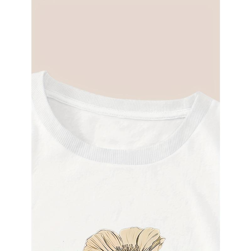 European sizes Floral Print T-Shirt - Soft Breathable Round Neck Short Sleeve Casual Top for Spring Summer, Machine Washable Everyday Comfort
