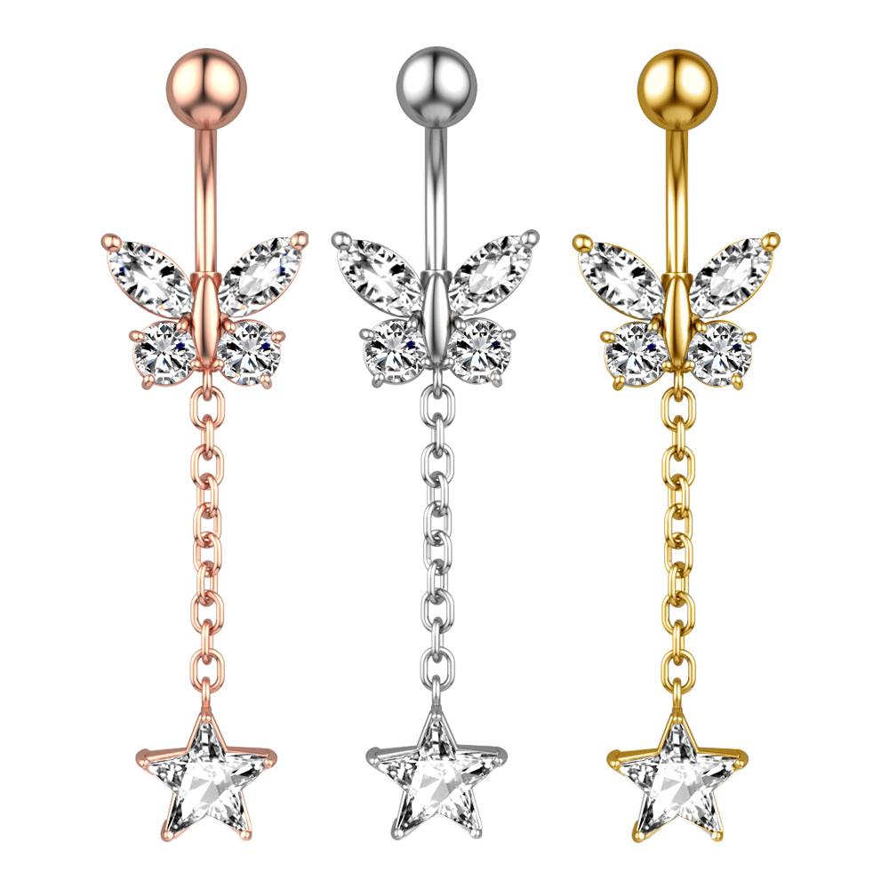 Butterfly-bow Dangled Navel Ring Piercing 14G Flower Heart Crystal CZs Belly Button Ring for Women Stainless Steel Belly Jewelry