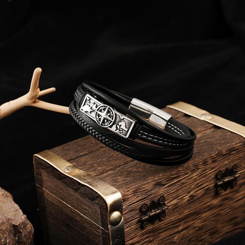 European and American Minimalist Men's Stainless Steel Leather Bracelet, Hip-hop Retro Multi-layer Woven Leather Bracelet