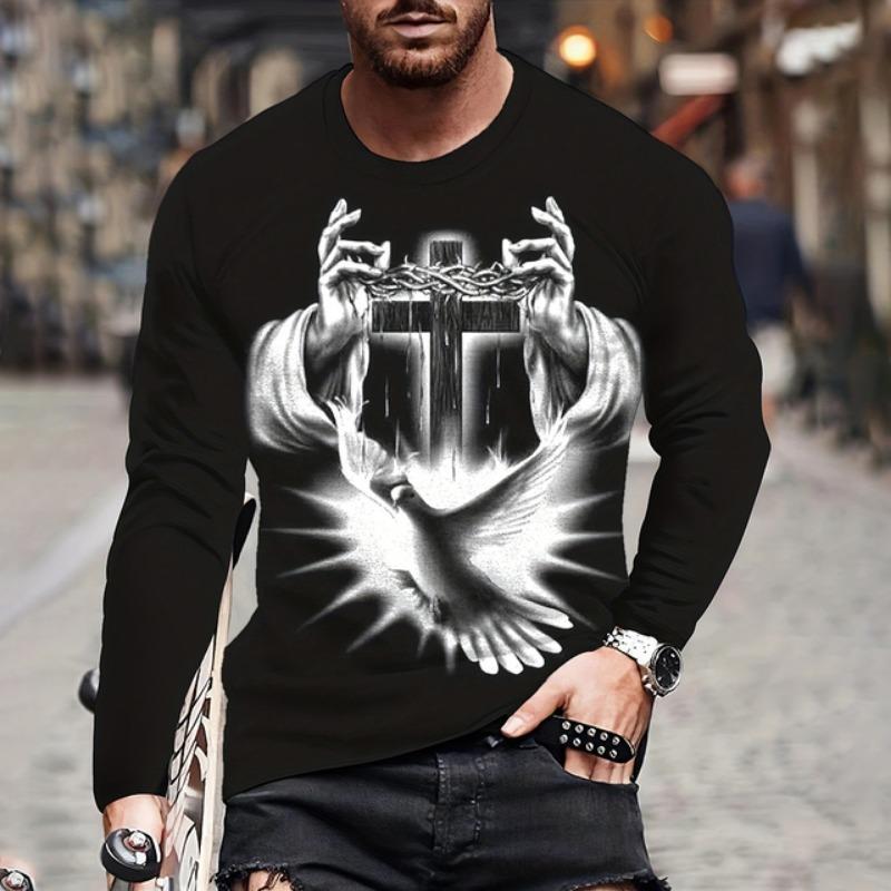 Mens T Shirt Autumn Long Sleeve Top Lion Pattern Clothing Casual O Neck Oversized Cross Print Pullover Autumn Mens T Shirt