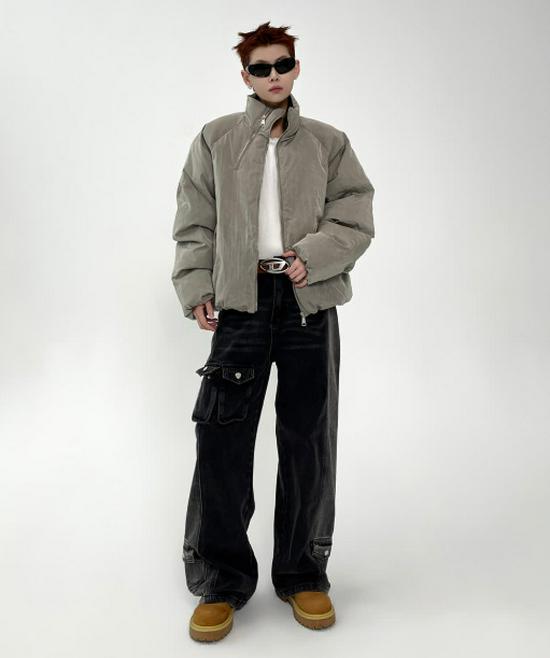 Unisex Winter-Autumn Stand Collar Puffer Jacket with Double Zipper and Trendy Design