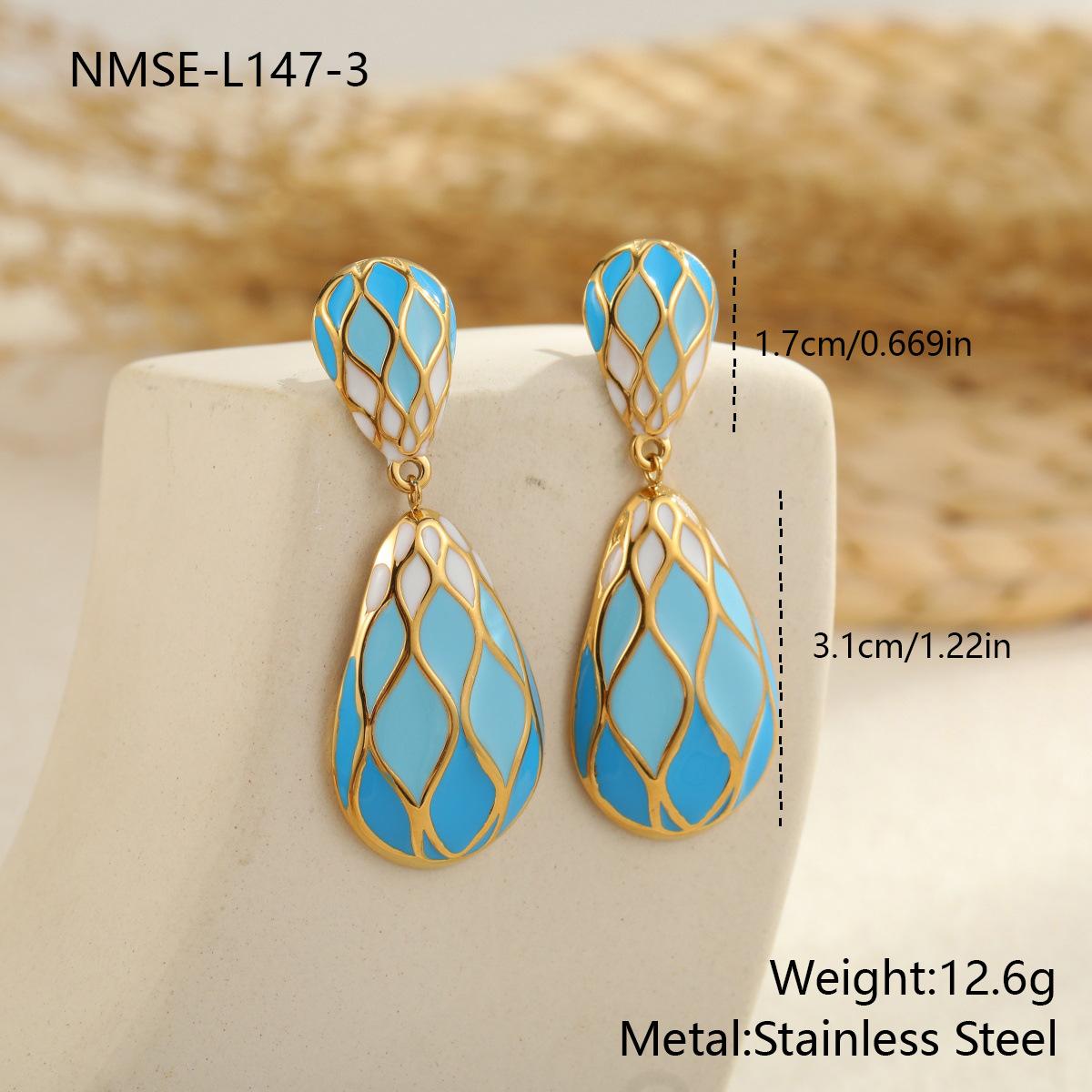 GEMCHIC Women s Retro Teardrop Dangle Earrings with Blue and White Enamel Inlay, Stainless Steel Drop Jewelry