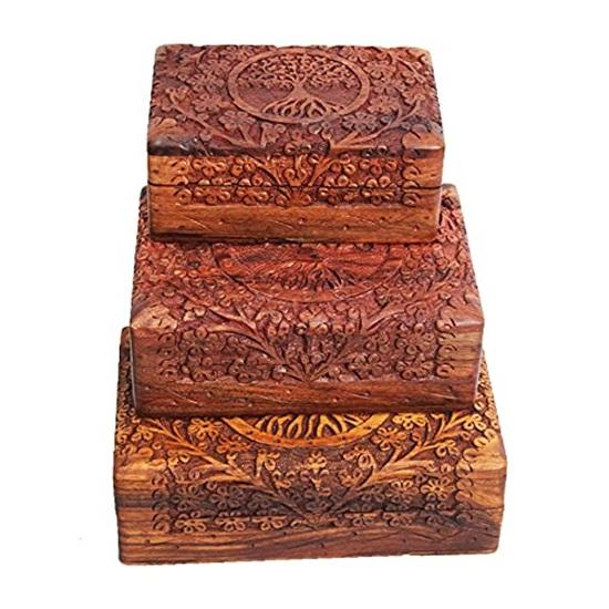 Set of 3 Wooden Jewellery Box for Women Wood Jewel Organiser Hand Carved with Tree Carvings Gift Items for Jewellery Organiser Gift