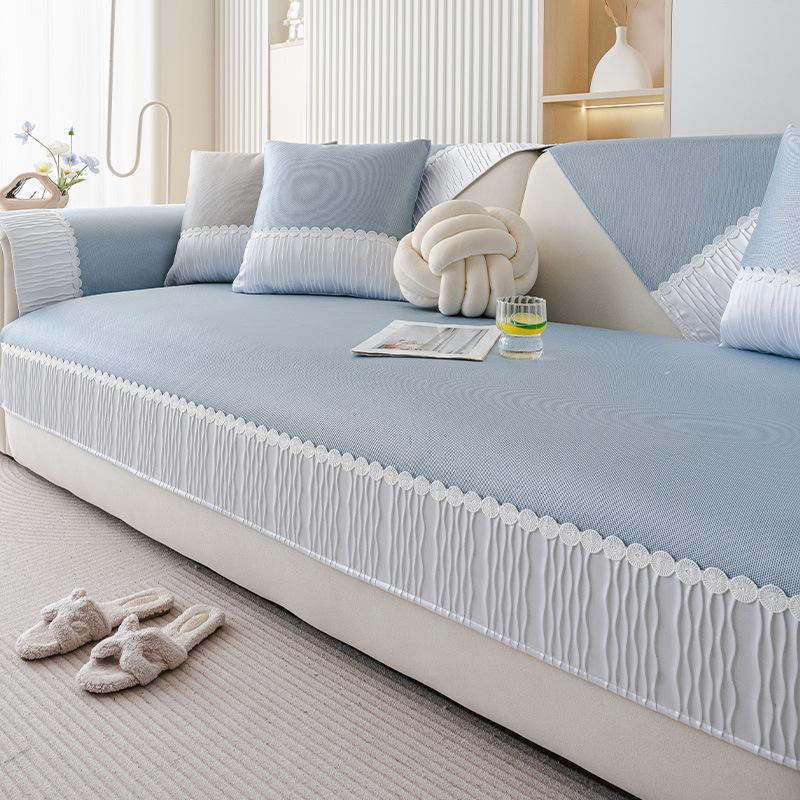 New Summer Cool Cover Fixed Non-Slip Straight Row Seat Cushion Cloth Solid Color Simple Modern Ice Silk Sofa Cushion