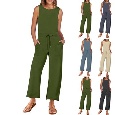 Women's Casual Versatile Sleeveless Solid Color Commuting Nine Piece Jumpsuit