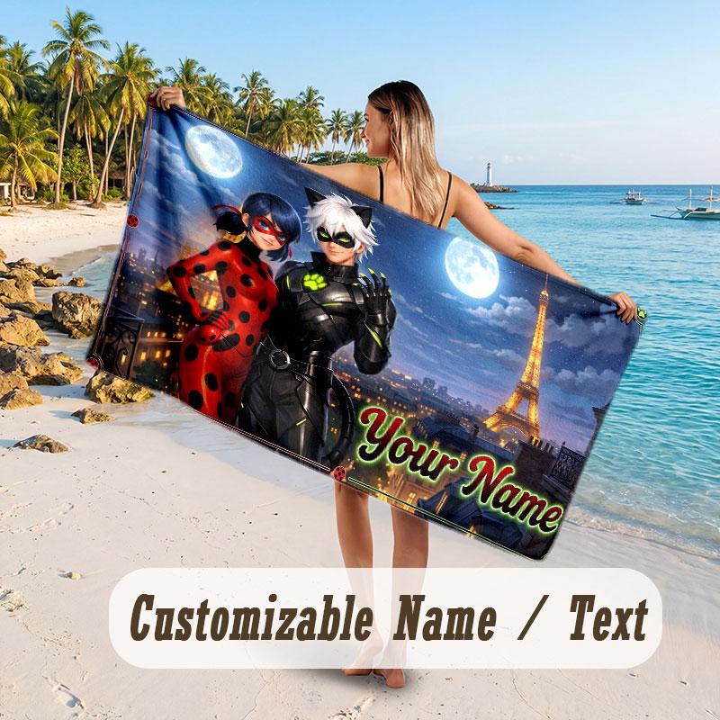 Personalisier Handtuch, Miraculous Ladybug Individuell Bedruckt Name Text, Super Saugfähiges Handtuch Für Strandurlaub