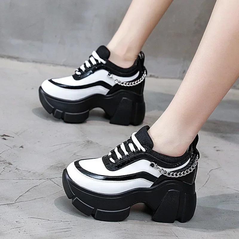 Fashion 10CM Genuine Leather Metal Decoration Ankle Boot Platform Wedge Women Casual Autumn Super High Hidden Heel Sneakers Shoes Winter