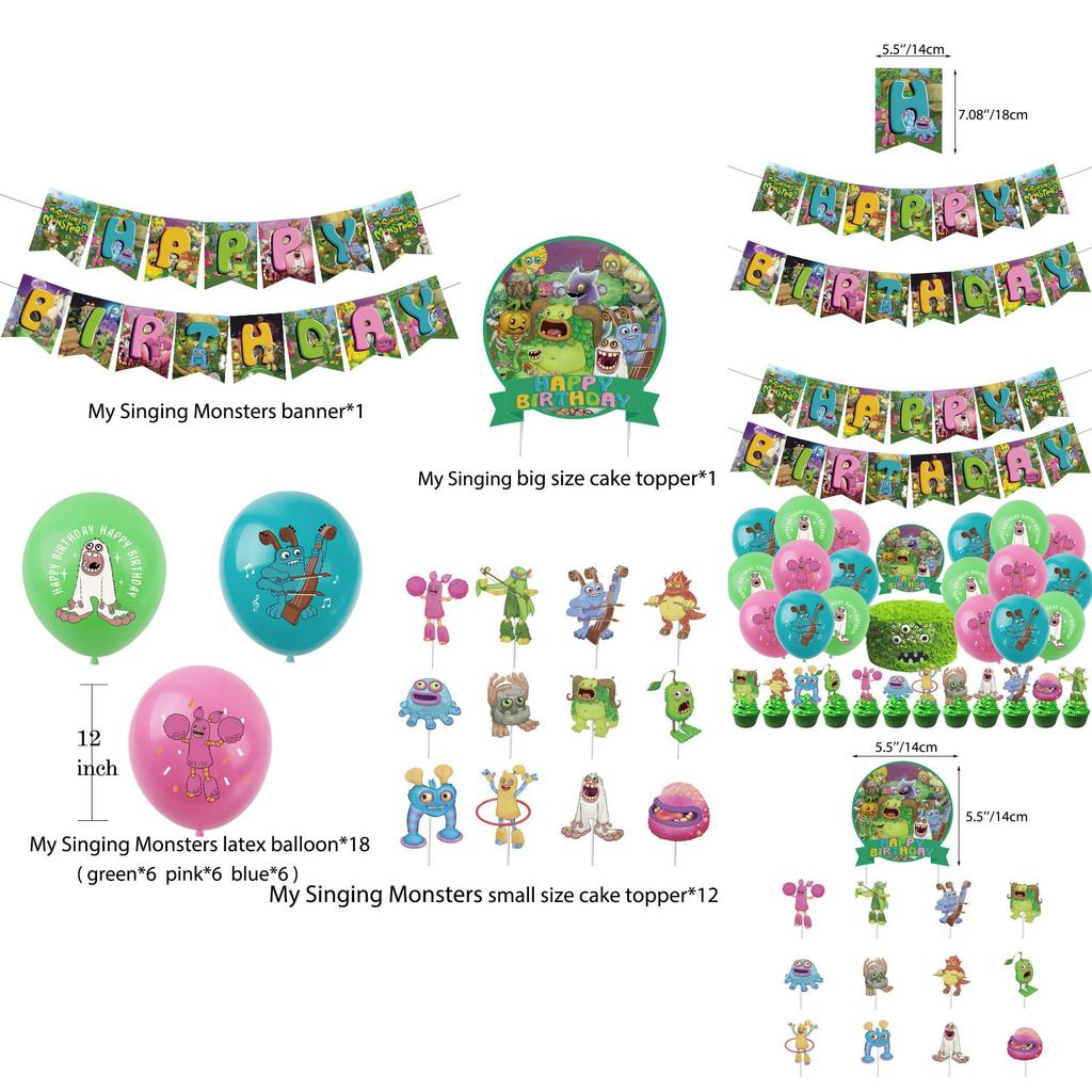 Colorful Monster Music Concert Birthday Party Decorations Forest Creature Bunting Banner Balloons Cake Toppers