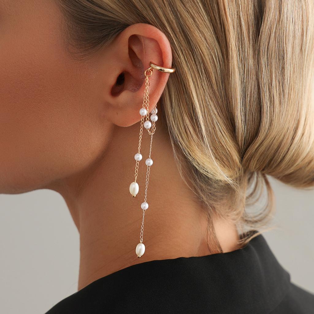 Vintage Metal Bead Tassel Ear Clip for Women Fashion Imitation Pearl Long Tassel Chain No Ear Holes Earbone Clip Jewelry Gifts