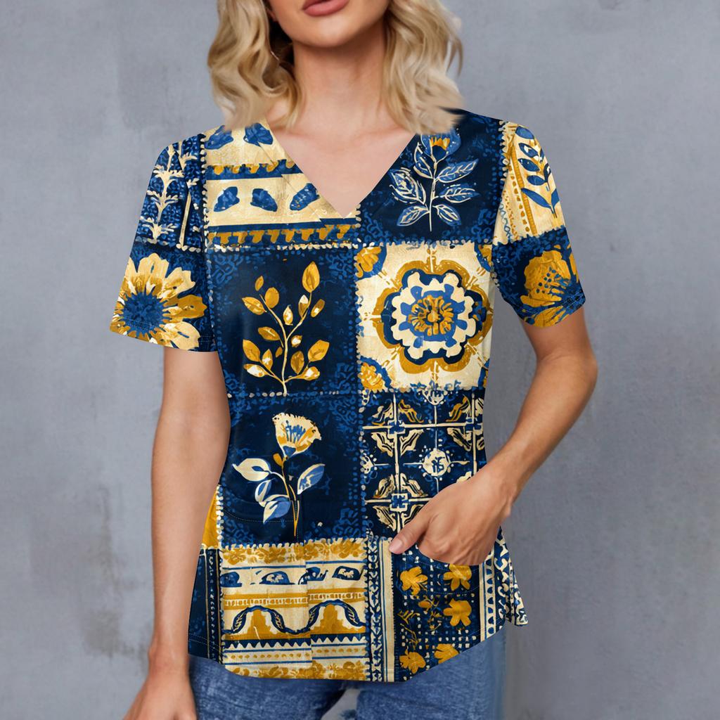 Women's Retro Printed V-Neck Double Pocket Short Sleeves Hem Slit  Uniform Caregiver Top