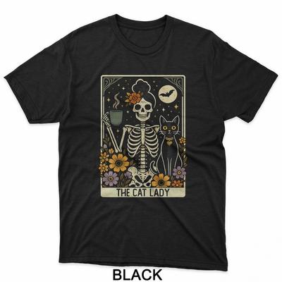 Mystic Skeleton The Cat Lady With Coffee Tarot Card Vibes T-Shirt