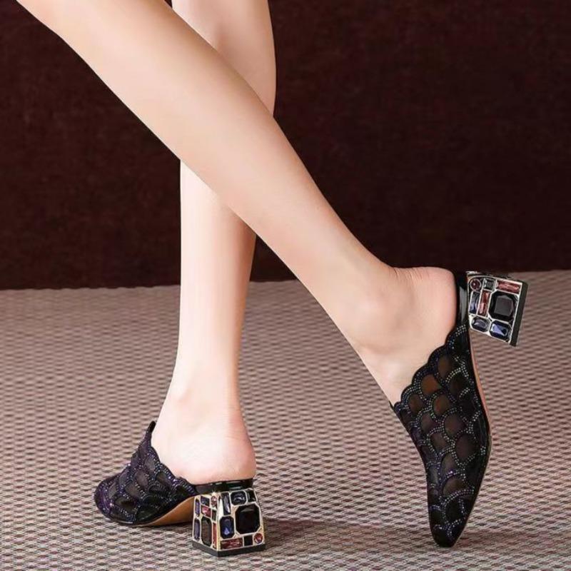 Baotou Crystal Square Heel Sandals Summer New Pointed Head Deep Mouth Mesh Cloth Breathable Non-slip Heel Shoes